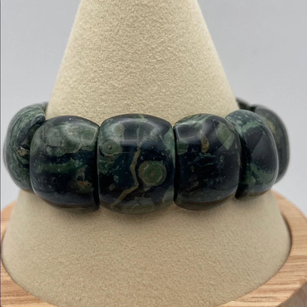 Hand Crafted Gemstone Cabochon Stretch Bangle Bracelet Green Jasper M/L